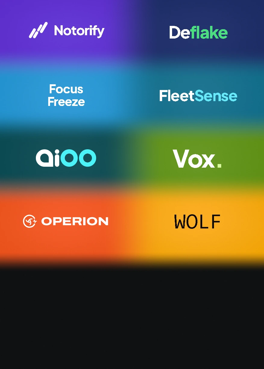 Logos of eight projects, each on its own colour: Notorify, Deflake, Focus Freeze, FleetSense, AiOO, Vox, Operion and Wolf Station